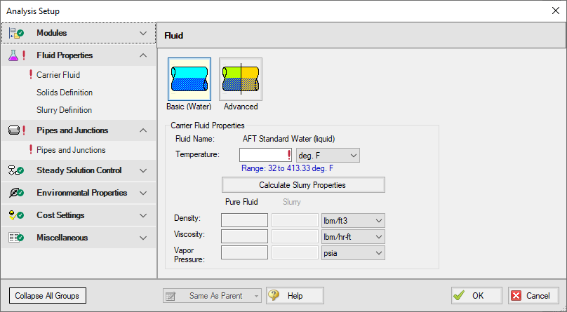 Carrier Fluid panel with the Water (Basic) option selected